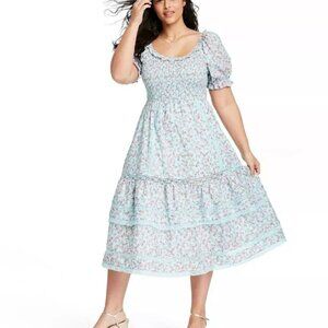 LoveShackFancy Floral Midi Dress in Blue and Pink